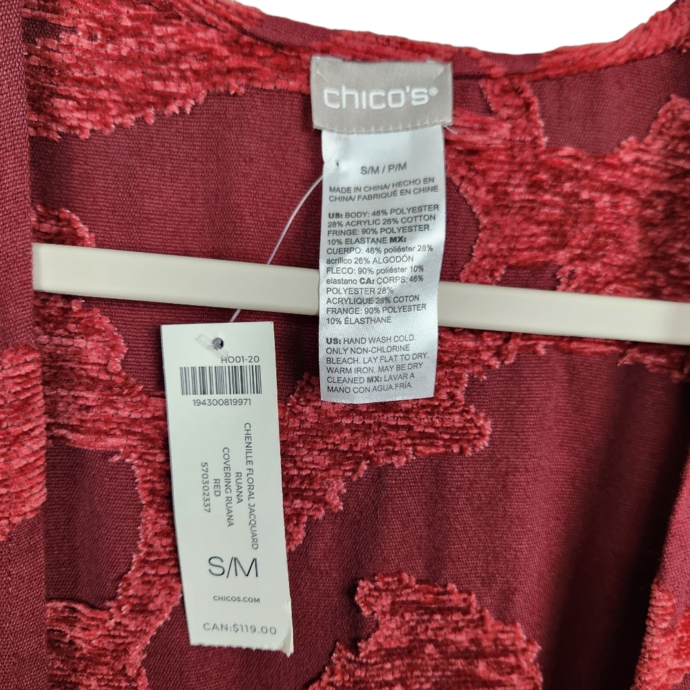 Chico's Chenille Floral Jacquard Fringe Red Ruana Shawl NWT Womens Size S/M - Picture 11 of 11